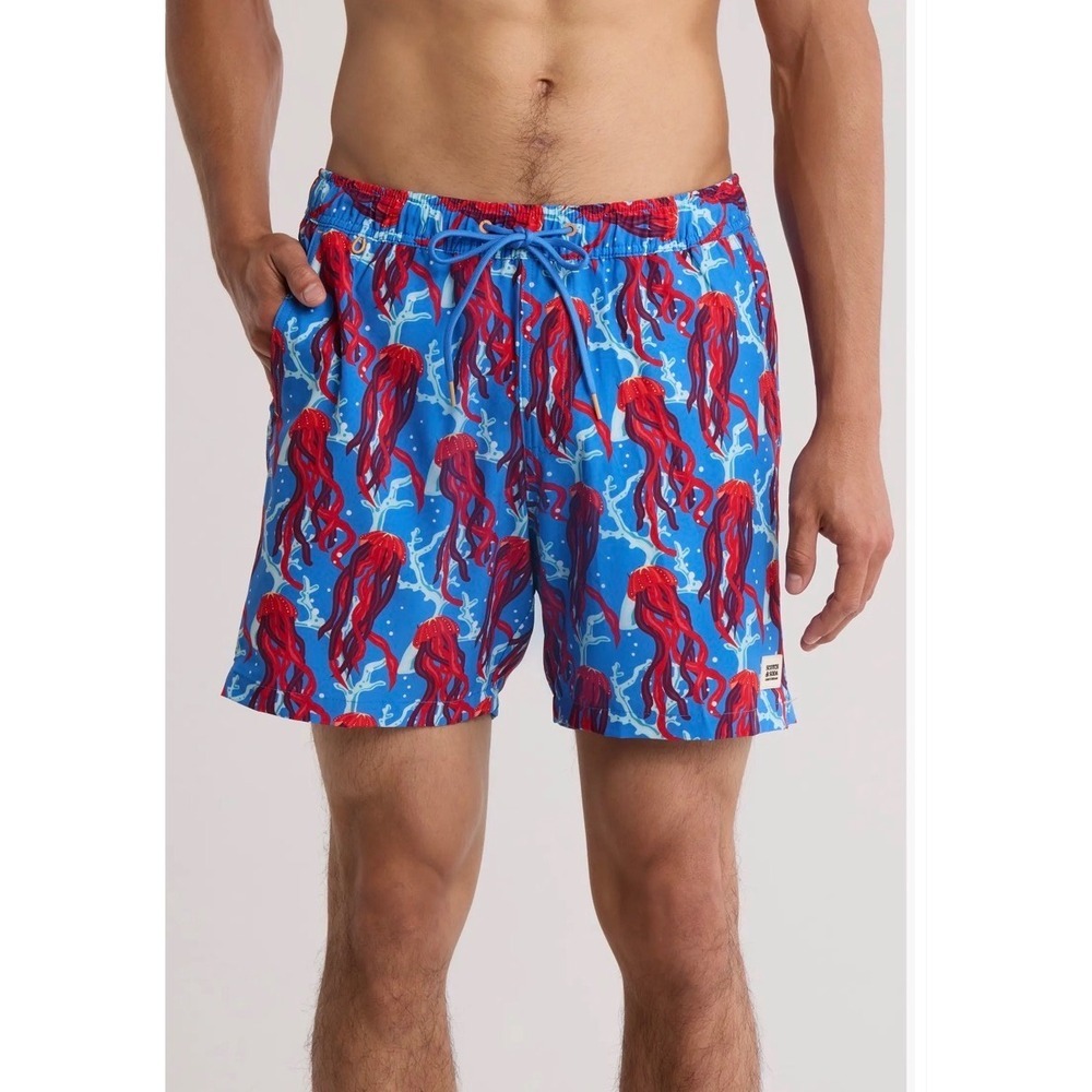 NWT Scotch & Soda Mens Jellyfish Print Swim Trunks Palace Blue Red XL New